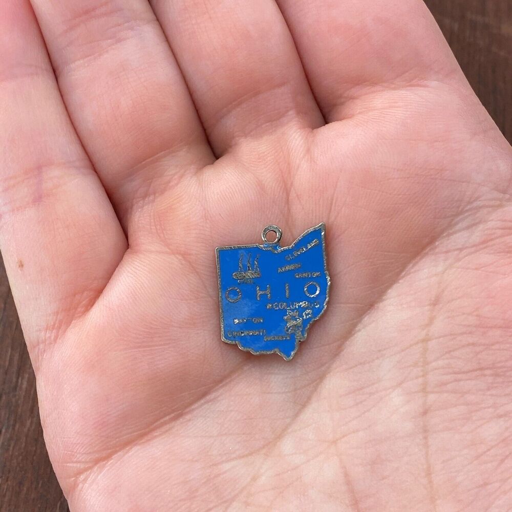 Vintage 925 Sterling Silver Blue Enamel "Ohio" State Map Pendant Charm